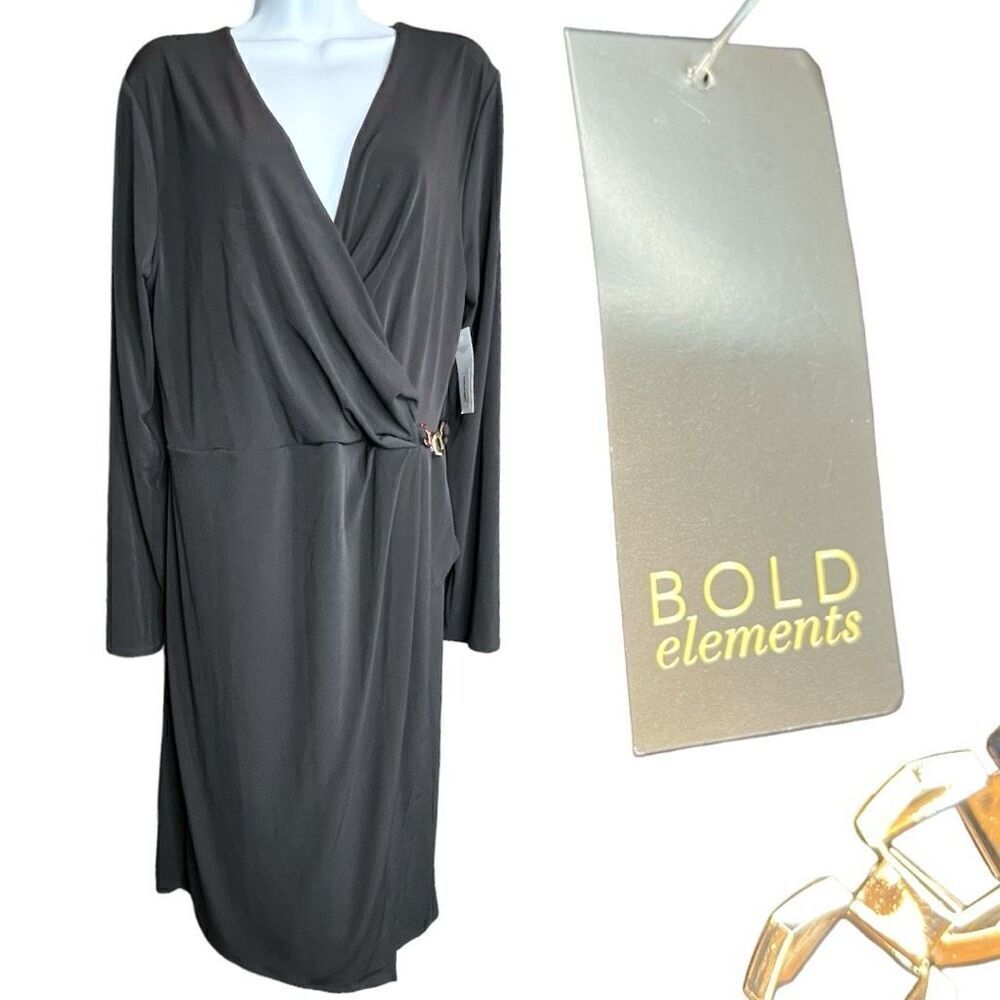 NWT Bold Elements Women's Lined Long Sleeve V-Neck Wrap Dress Black Size XL